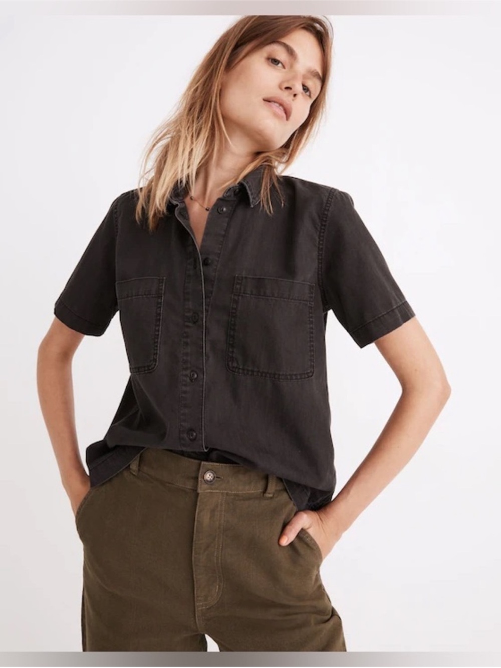 Madewell Washed Black Short-Sleeve Button-Down Shirt size S